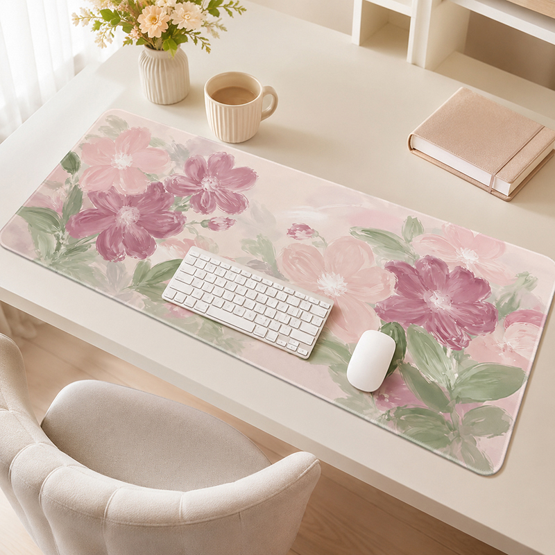 Desk Setup Pink - Pink Sakura Watercolor Mouse Pad Gaming