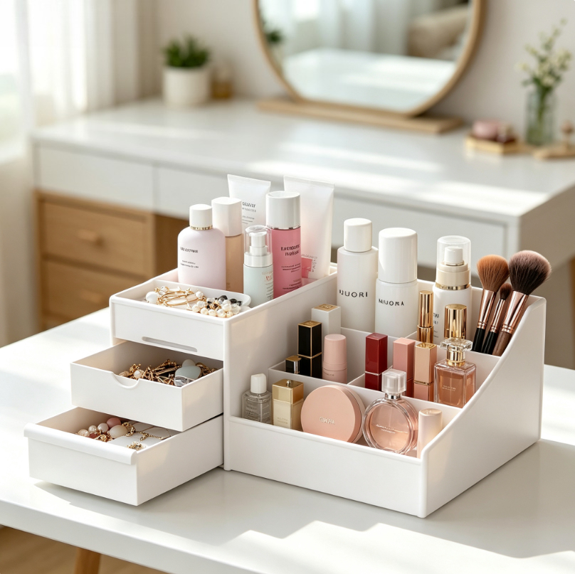 Desk Drawer Unit - Plastic Desktop Cosmetic Storage Box with