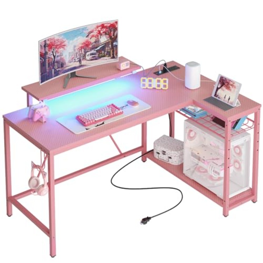 L-Shaped Gaming Desk with Char - Desk Setup Pink review and price