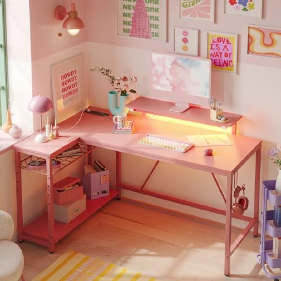 L-Shaped Gaming Desk with Char - Desk Setup Pink review and price